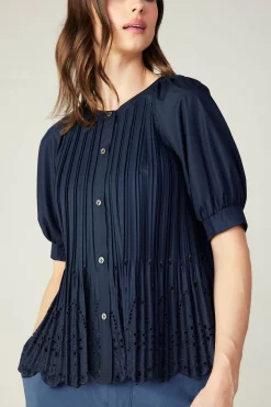 Short Sleeve Tops-Current Air Pleated Eyelet Blouse DARKNAVY