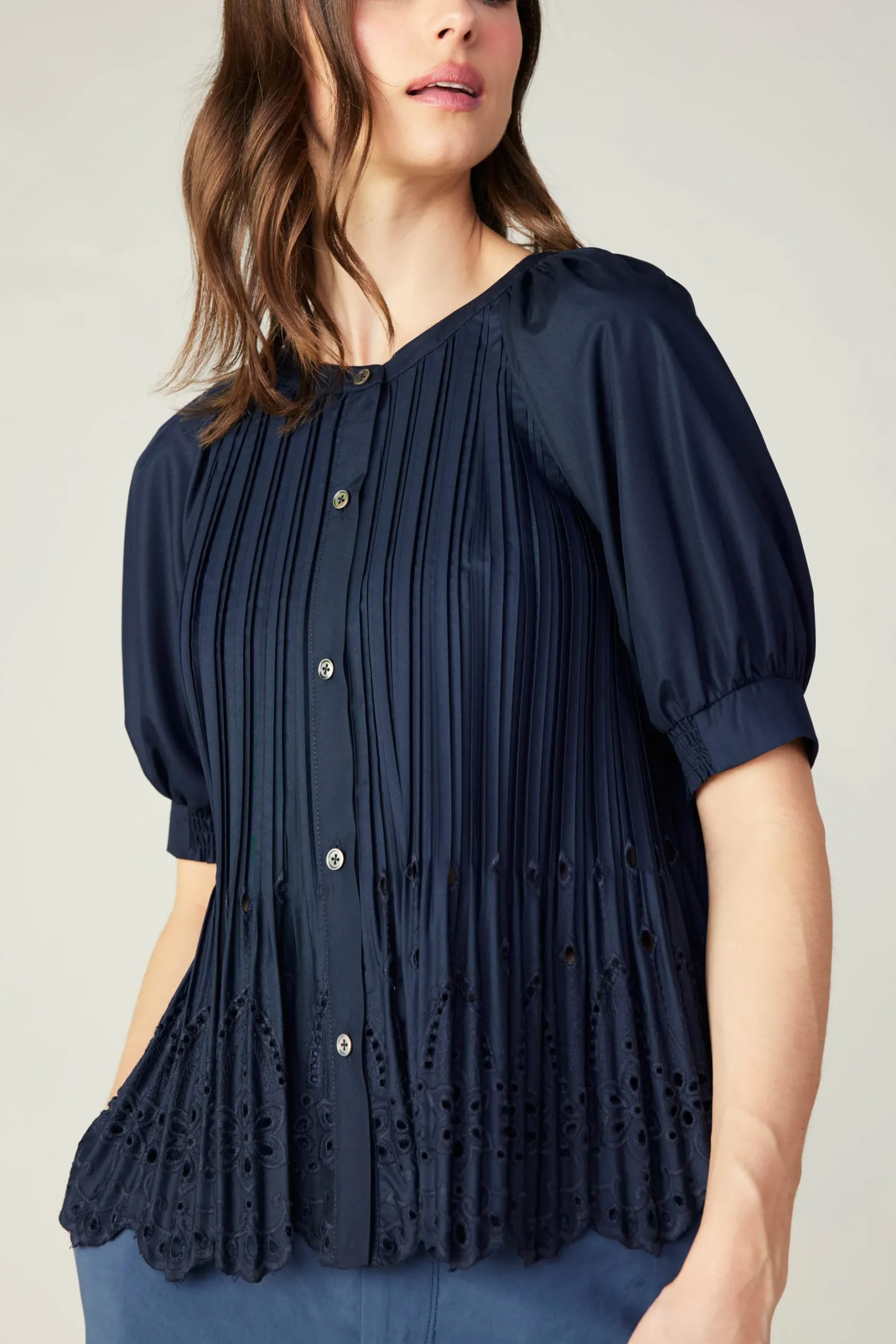 Short Sleeve Tops-Current Air Pleated Eyelet Blouse DARKNAVY