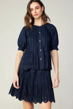 Short Sleeve Tops-Current Air Pleated Eyelet Blouse DARKNAVY