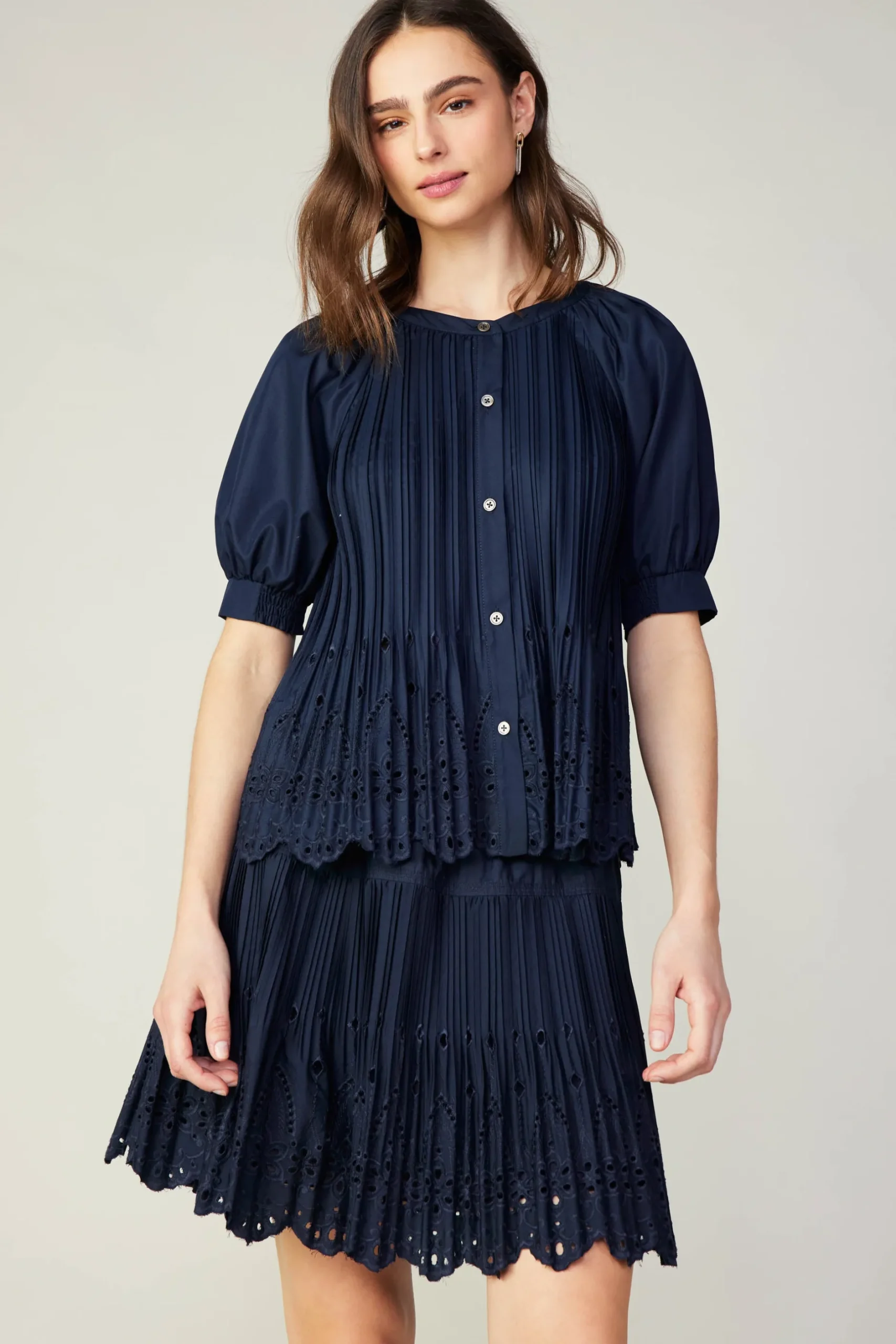 Short Sleeve Tops-Current Air Pleated Eyelet Blouse DARKNAVY