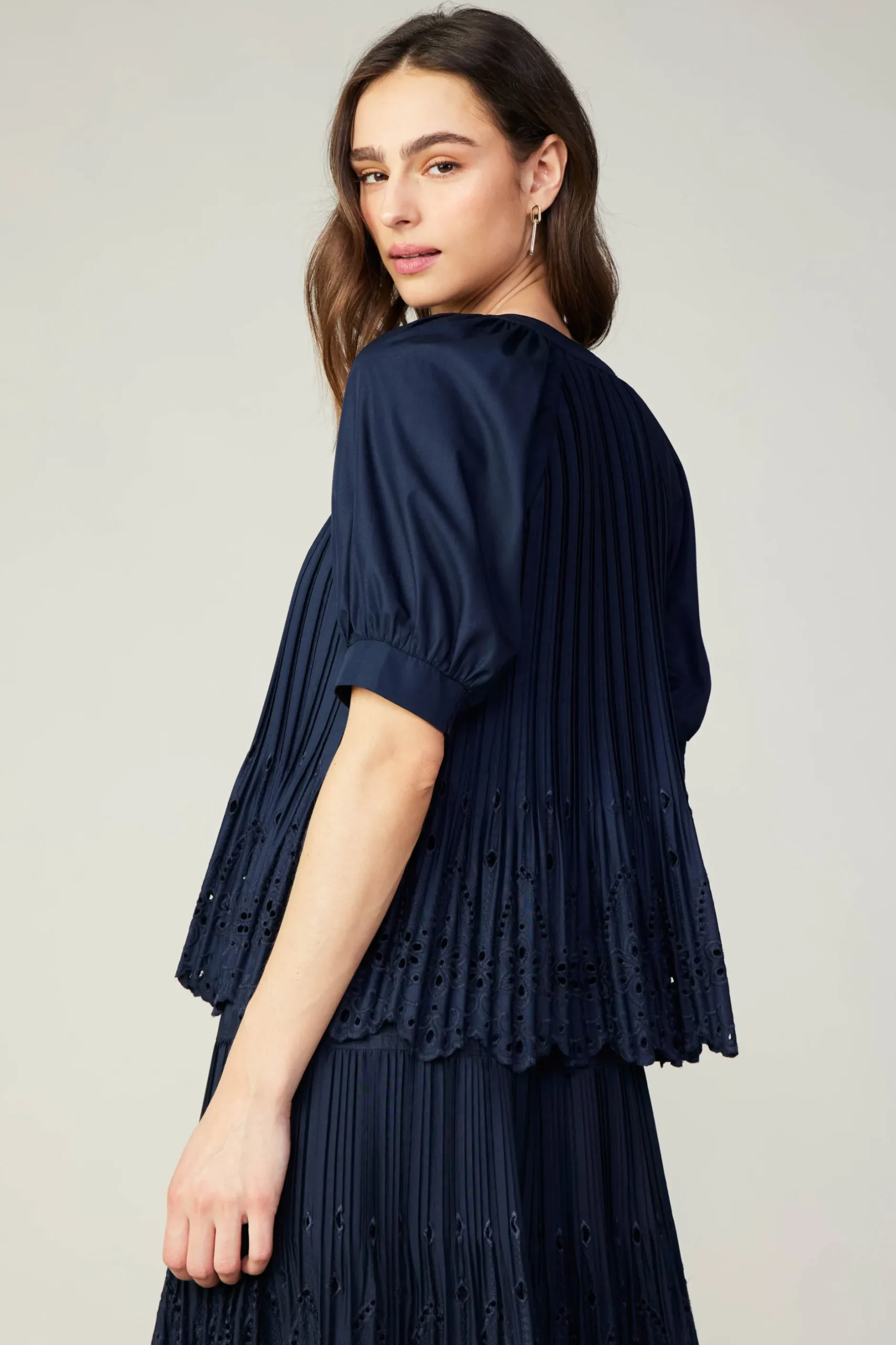 Short Sleeve Tops-Current Air Pleated Eyelet Blouse DARKNAVY