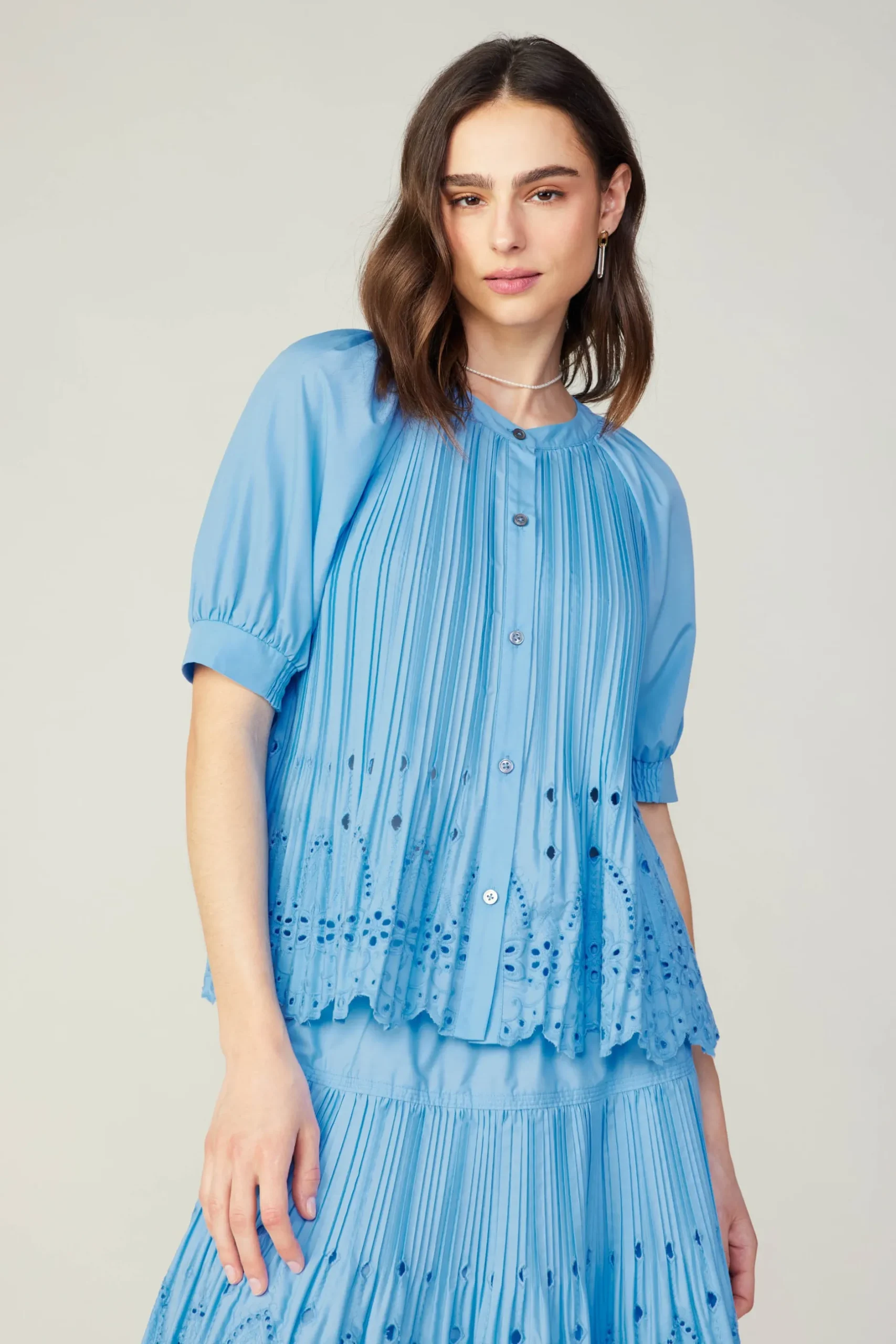 Short Sleeve Tops-Current Air Pleated Eyelet Blouse BABYBLUE