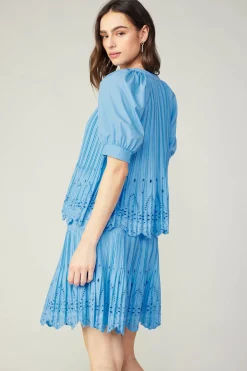 Short Sleeve Tops-Current Air Pleated Eyelet Blouse BABYBLUE