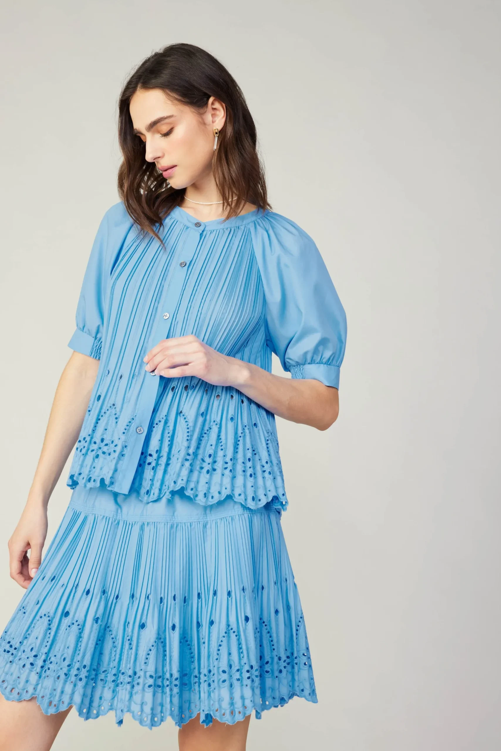 Short Sleeve Tops-Current Air Pleated Eyelet Blouse BABYBLUE