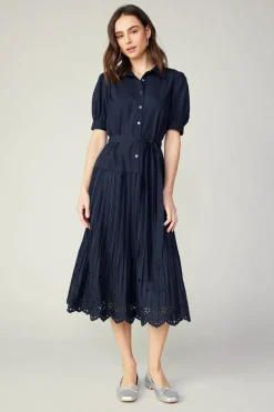 Midi Dresses-Current Air Pleated Eyelet Midi Dress DARKNAVY