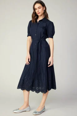 Midi Dresses-Current Air Pleated Eyelet Midi Dress DARKNAVY