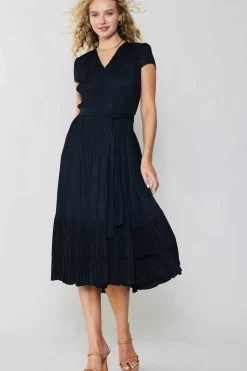 Midi Dresses-Current Air Pleated Midi Dress BLACK