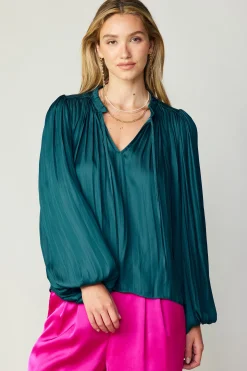 Long Sleeve Tops-Current Air Pleated Puffed Sleeve Blouse DARKTEAL