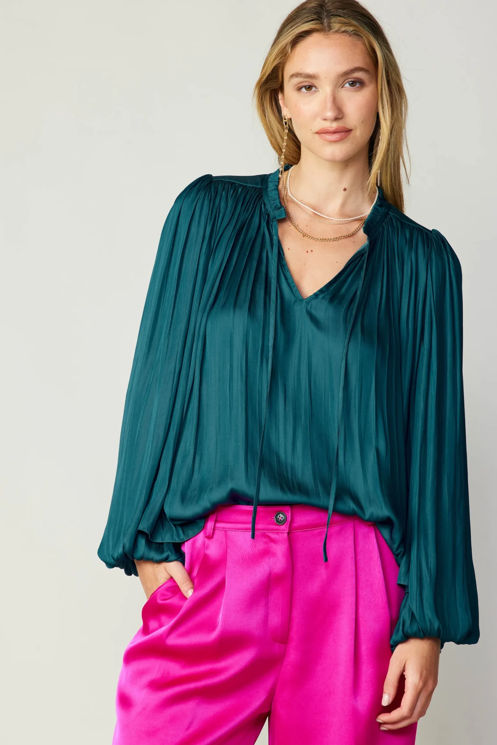 Long Sleeve Tops-Current Air Pleated Puffed Sleeve Blouse DARKTEAL