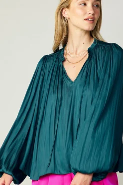 Long Sleeve Tops-Current Air Pleated Puffed Sleeve Blouse DARKTEAL