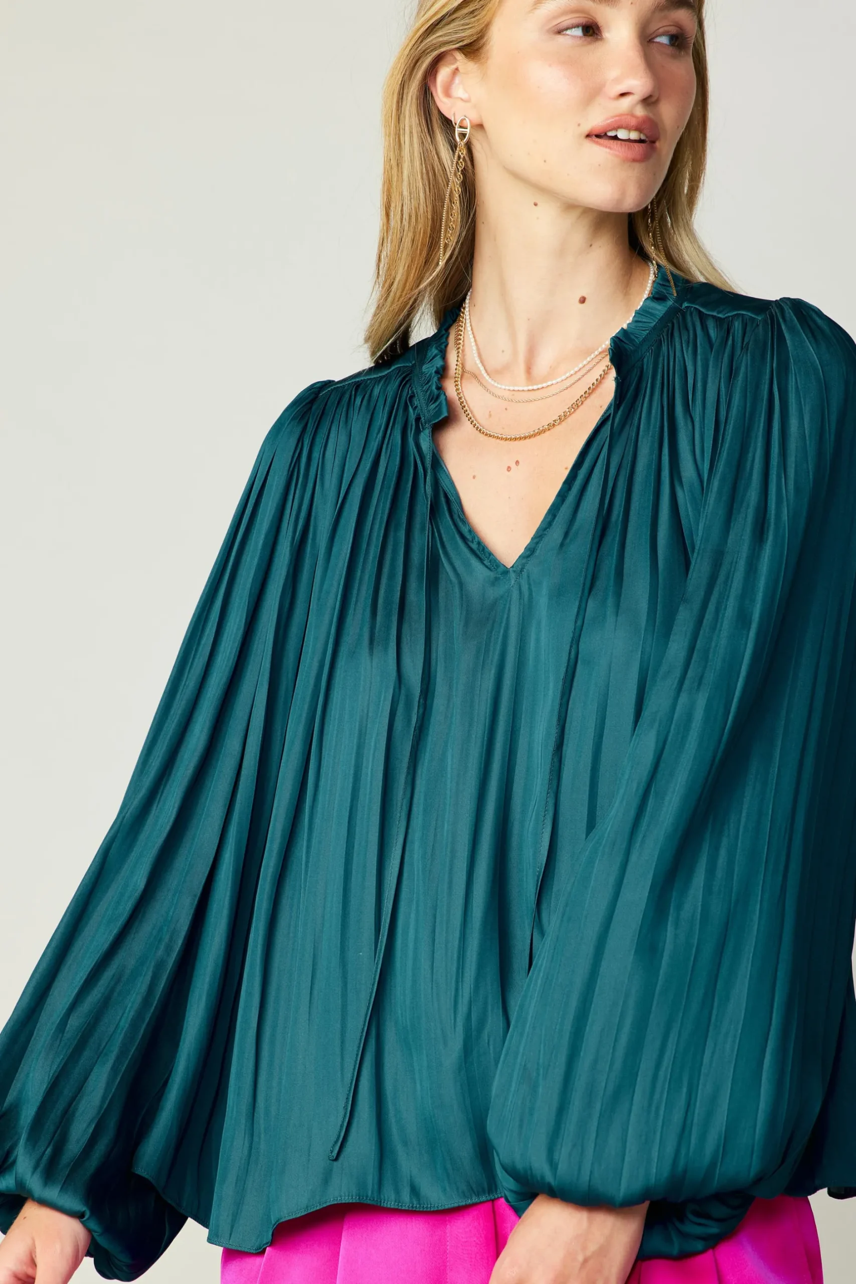 Long Sleeve Tops-Current Air Pleated Puffed Sleeve Blouse DARKTEAL