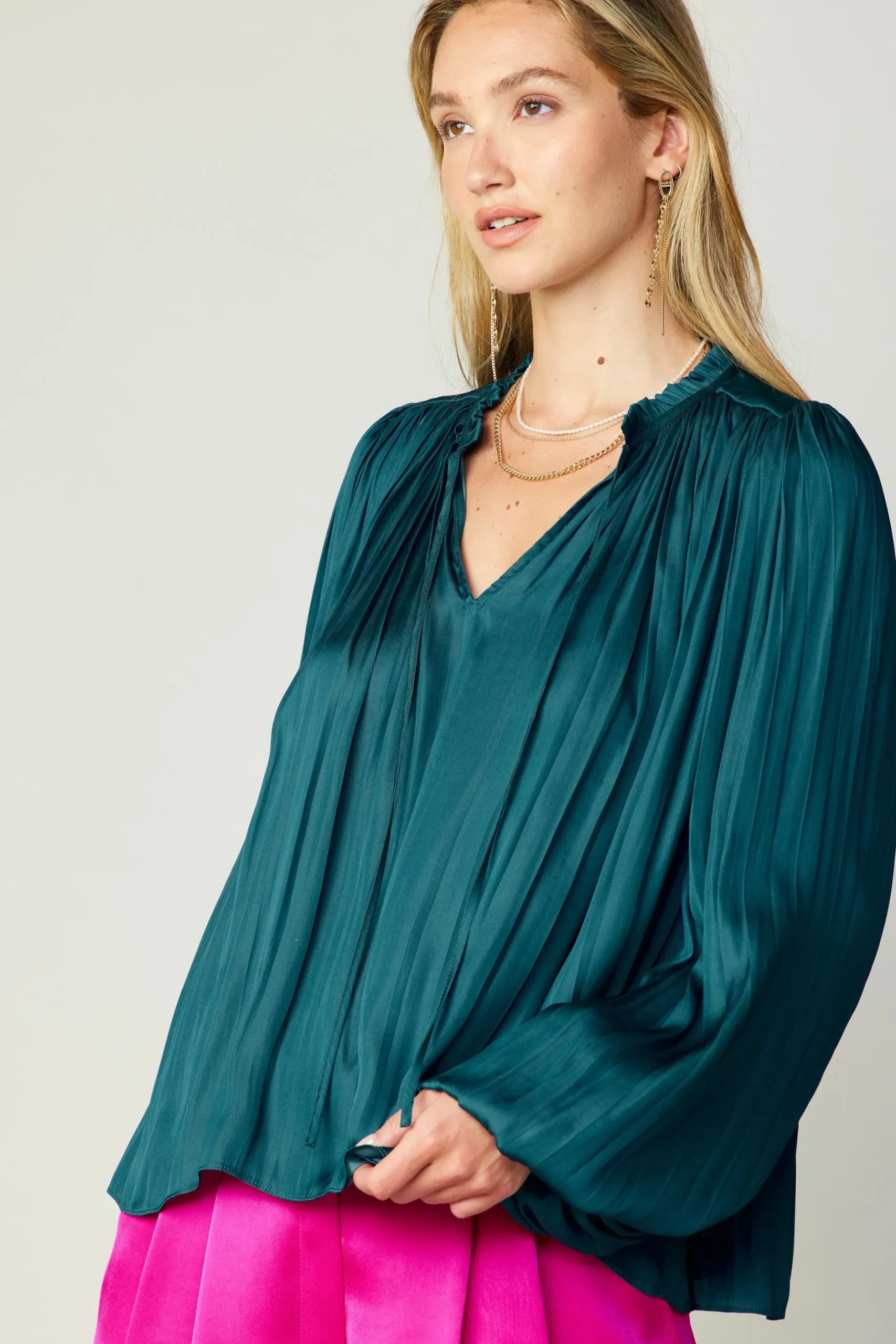 Long Sleeve Tops-Current Air Pleated Puffed Sleeve Blouse DARKTEAL