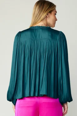 Long Sleeve Tops-Current Air Pleated Puffed Sleeve Blouse DARKTEAL