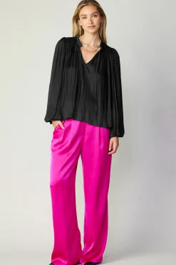 Long Sleeve Tops-Current Air Pleated Puffed Sleeve Blouse BLACK
