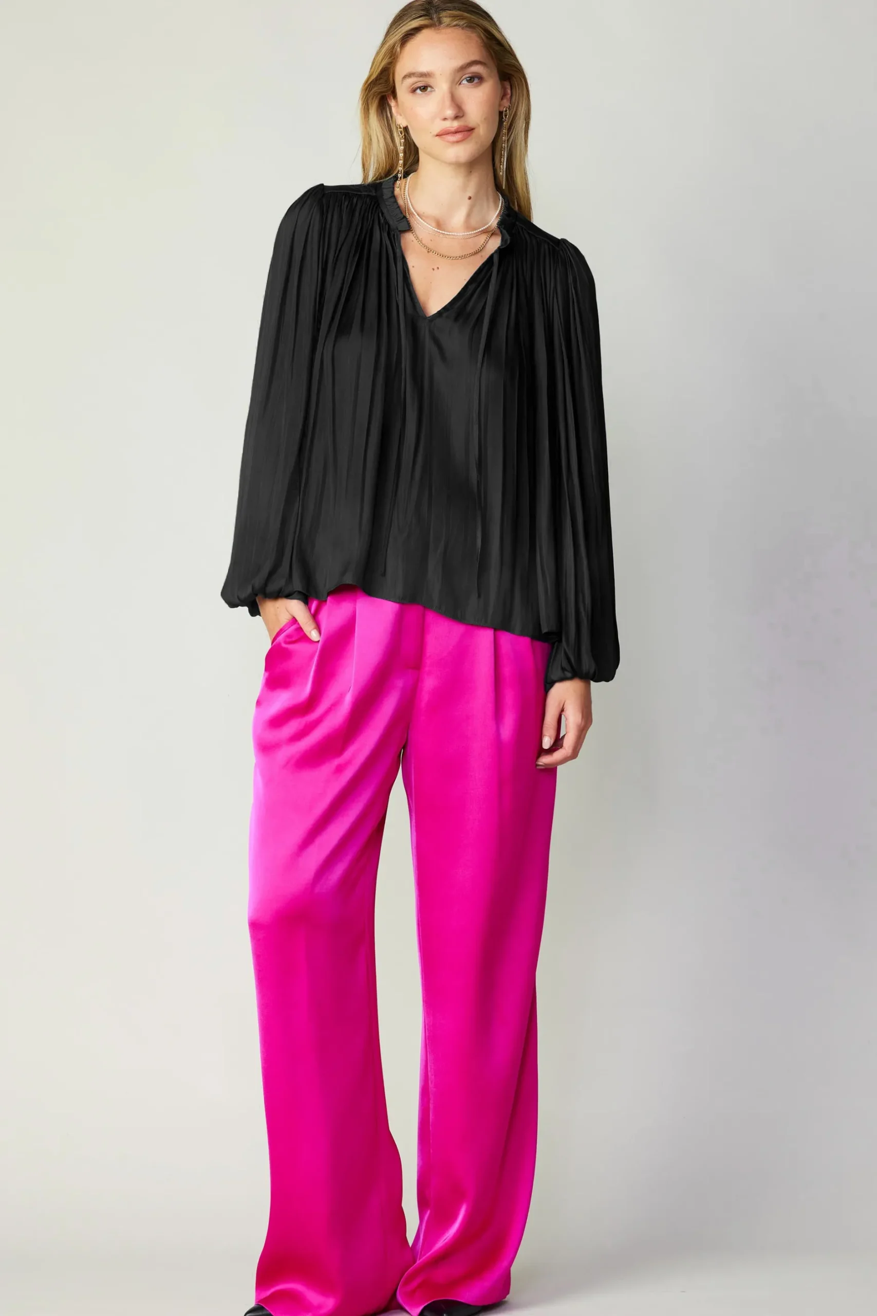 Long Sleeve Tops-Current Air Pleated Puffed Sleeve Blouse BLACK