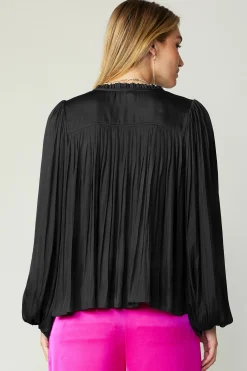 Long Sleeve Tops-Current Air Pleated Puffed Sleeve Blouse BLACK