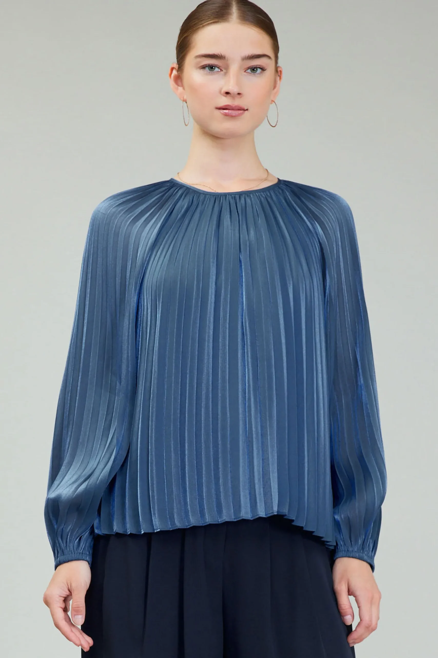 Long Sleeve Tops-Current Air Pleated Shimmery Blouse MIDNIGHTBLUE