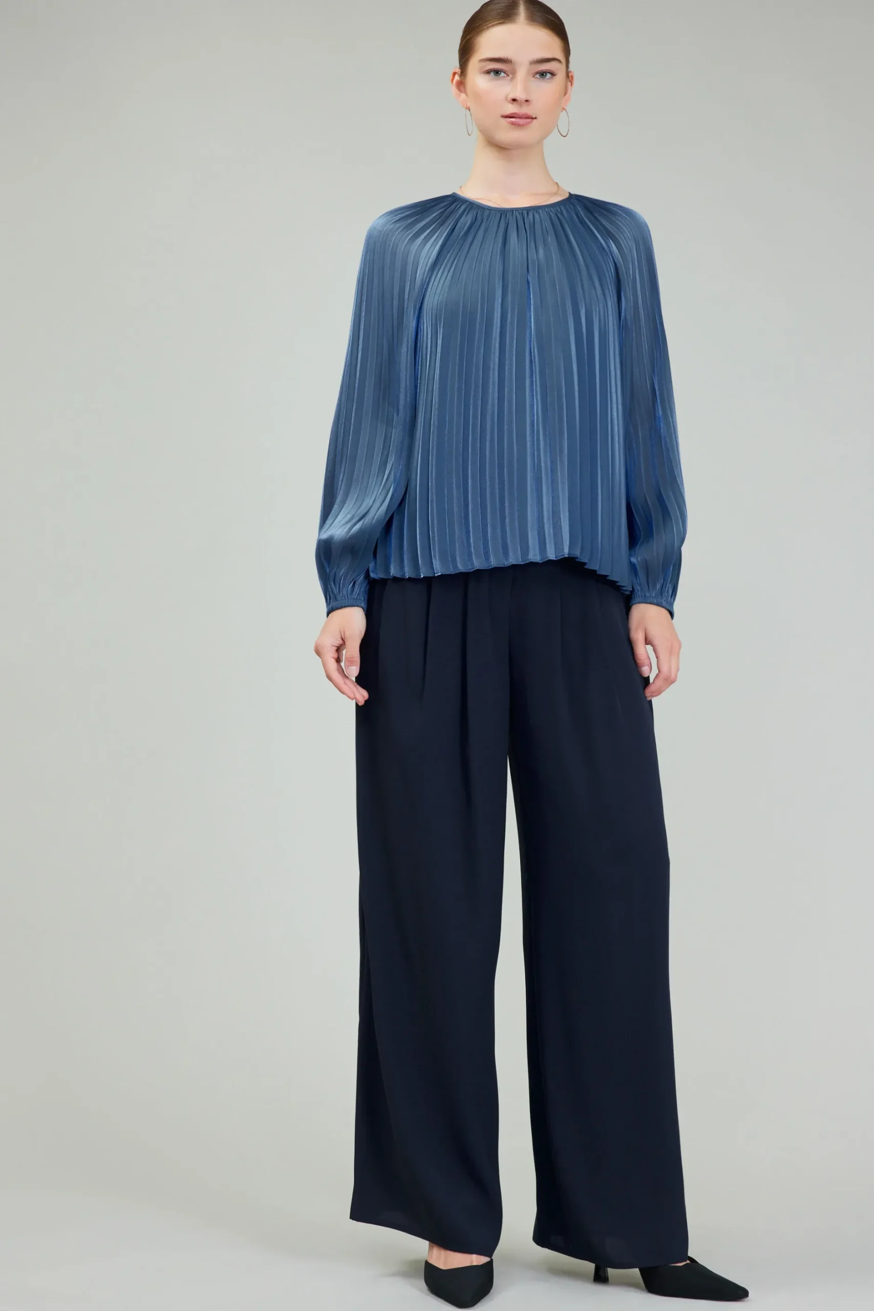 Long Sleeve Tops-Current Air Pleated Shimmery Blouse MIDNIGHTBLUE