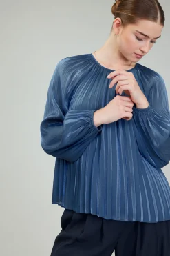 Long Sleeve Tops-Current Air Pleated Shimmery Blouse MIDNIGHTBLUE