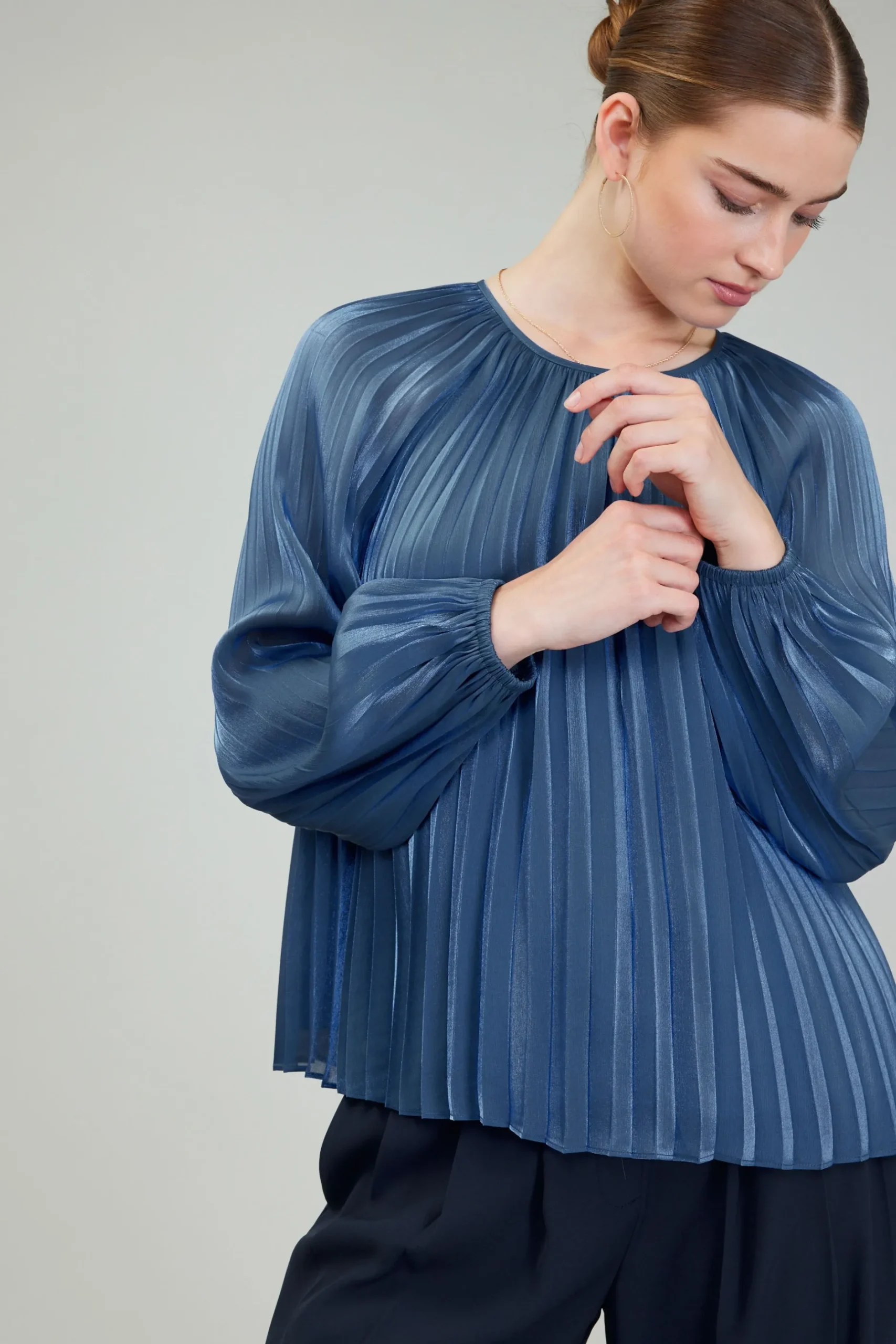 Long Sleeve Tops-Current Air Pleated Shimmery Blouse MIDNIGHTBLUE