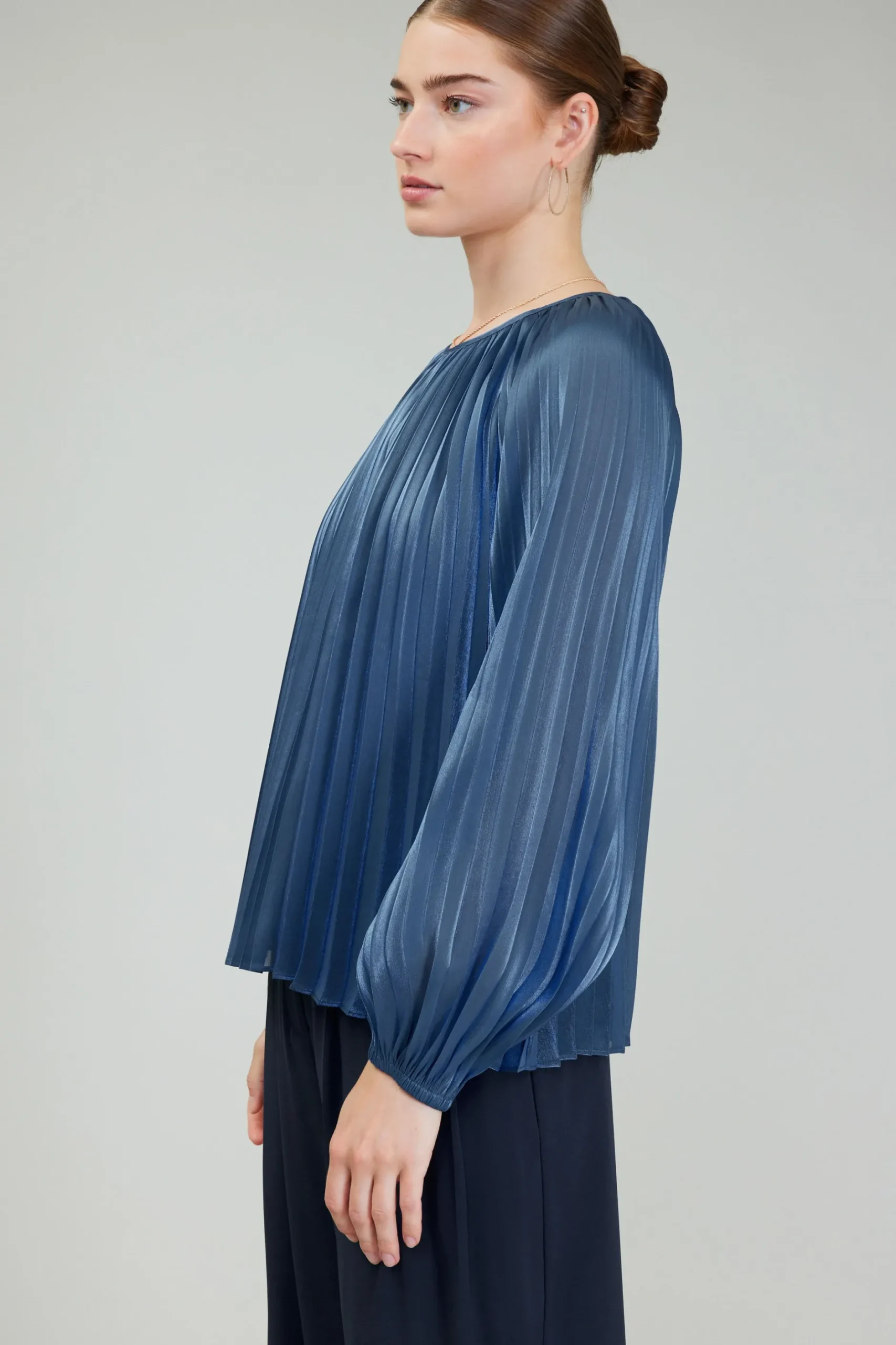 Long Sleeve Tops-Current Air Pleated Shimmery Blouse MIDNIGHTBLUE