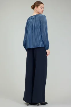 Long Sleeve Tops-Current Air Pleated Shimmery Blouse MIDNIGHTBLUE