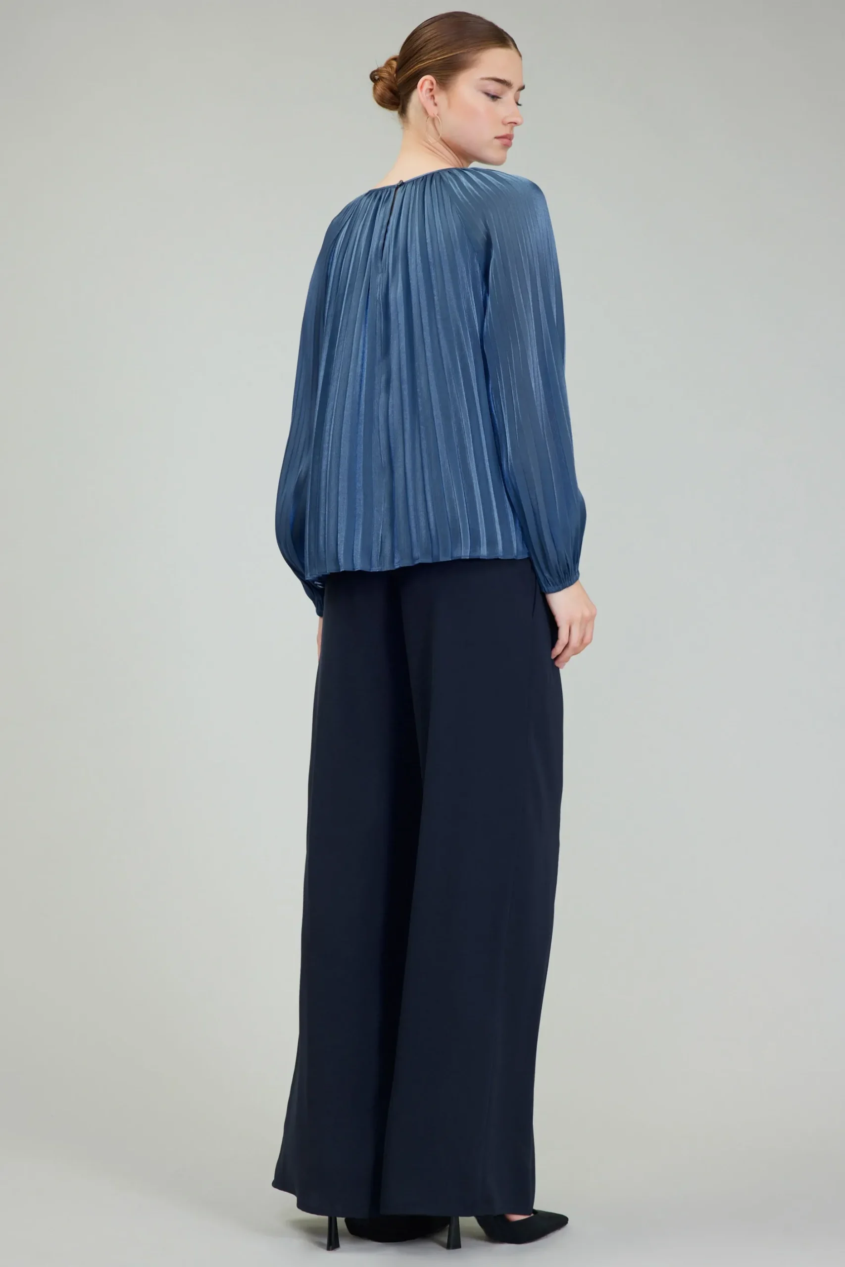 Long Sleeve Tops-Current Air Pleated Shimmery Blouse MIDNIGHTBLUE
