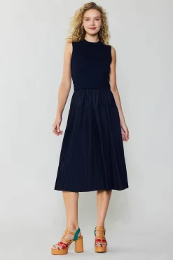 Knitwear|Midi Dresses-Current Air Pleated Skirt Sweater Dress NAVY