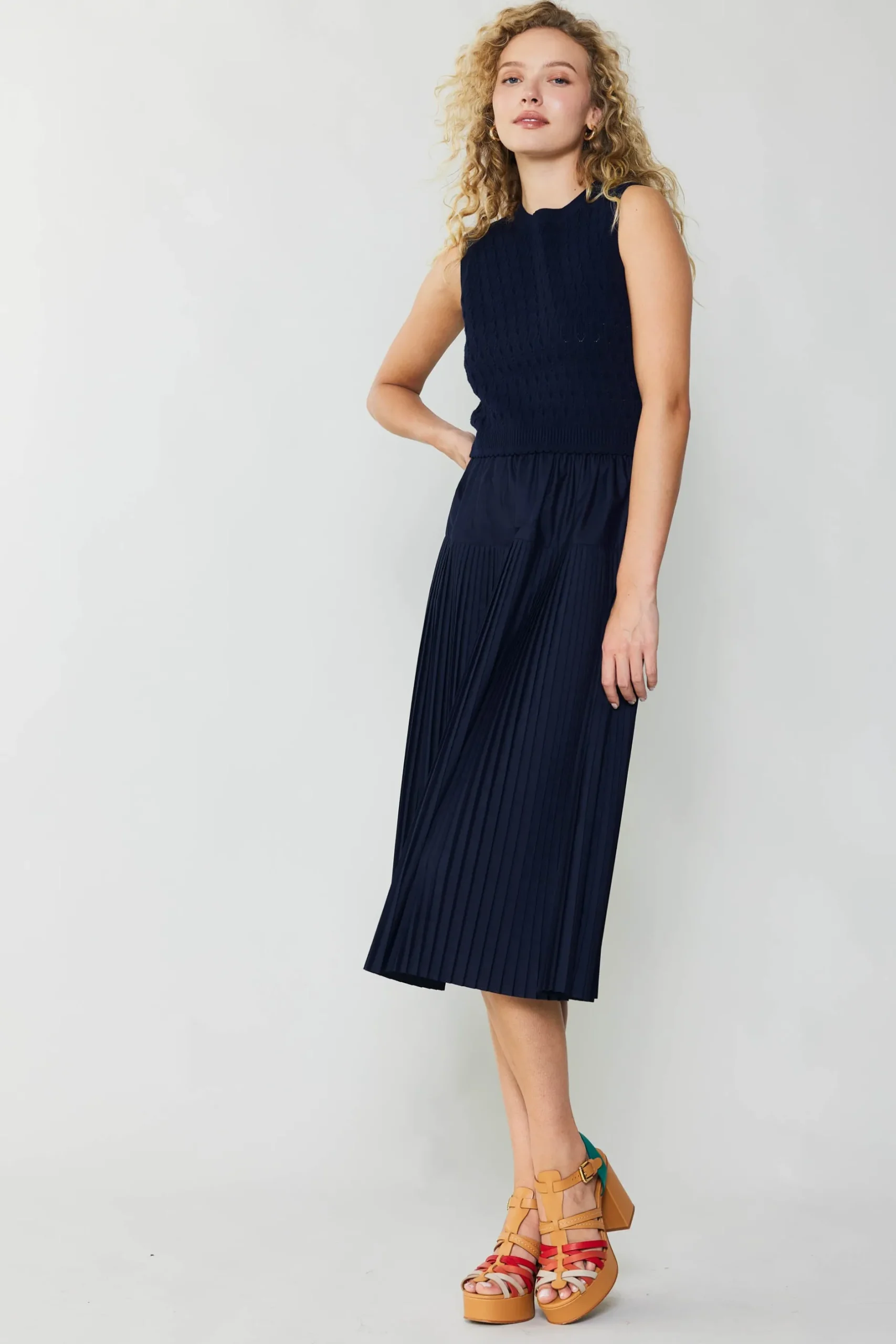 Knitwear|Midi Dresses-Current Air Pleated Skirt Sweater Dress NAVY