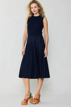 Knitwear|Midi Dresses-Current Air Pleated Skirt Sweater Dress NAVY