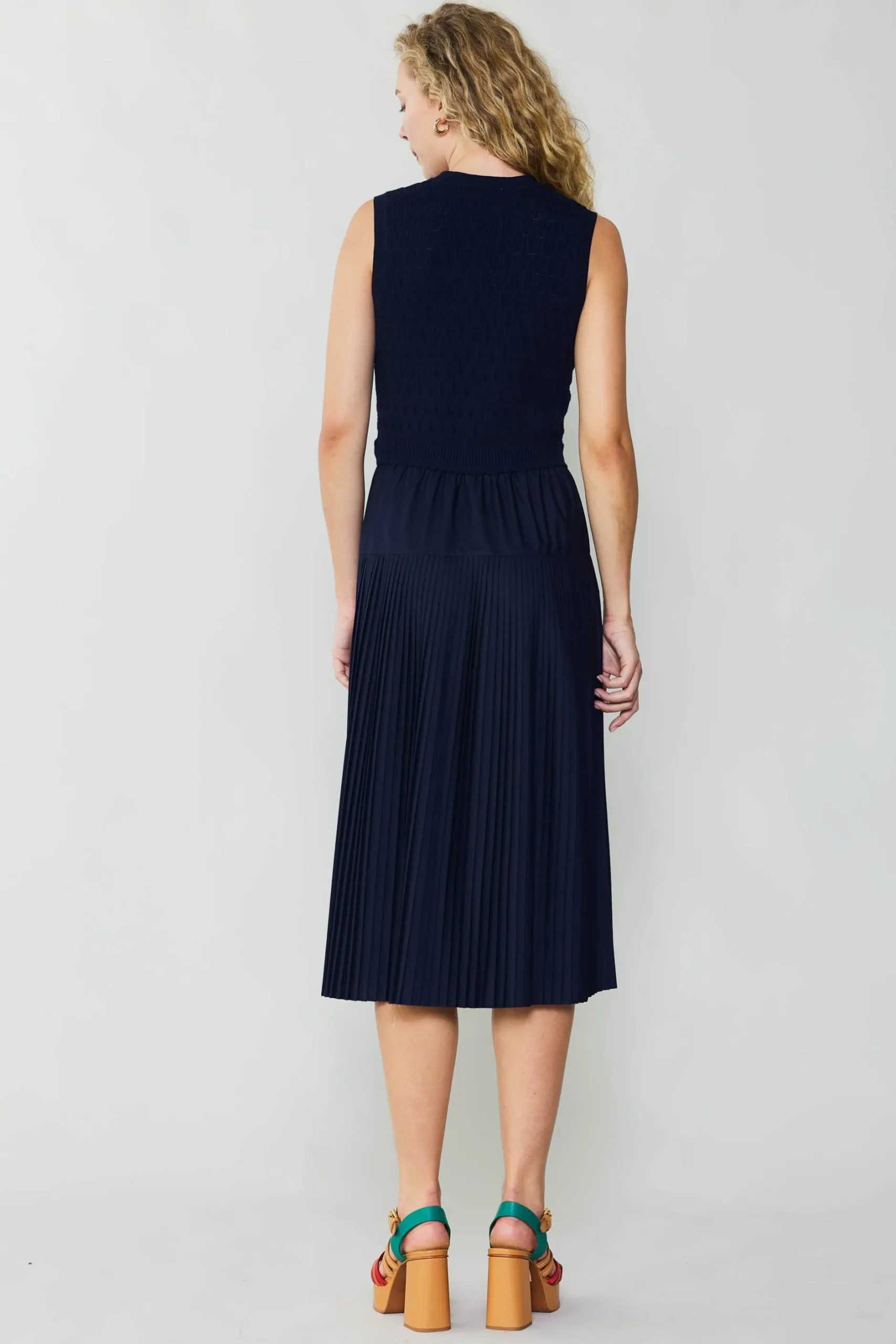Knitwear|Midi Dresses-Current Air Pleated Skirt Sweater Dress NAVY