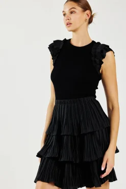 Knitwear|Mini Dresses-Current Air Pleated Skirt Sweater Dress BLACK