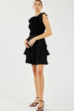 Knitwear|Mini Dresses-Current Air Pleated Skirt Sweater Dress BLACK