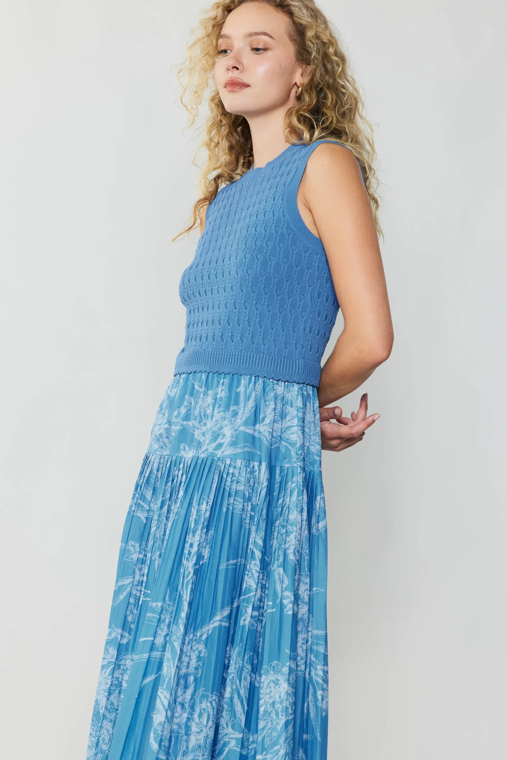 Knitwear|Midi Dresses-Current Air Pleated Skirt Sweater Dress LIGHTBLUE