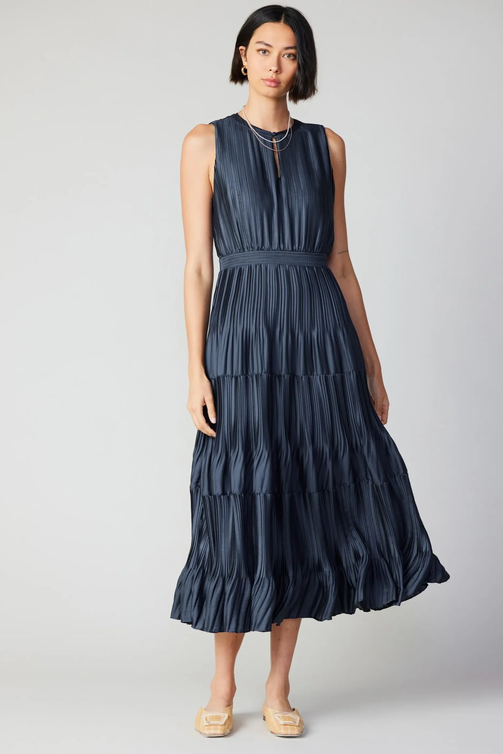 Maxi Dresses-Current Air Pleated Sleeveless Maxi Dress NAVY
