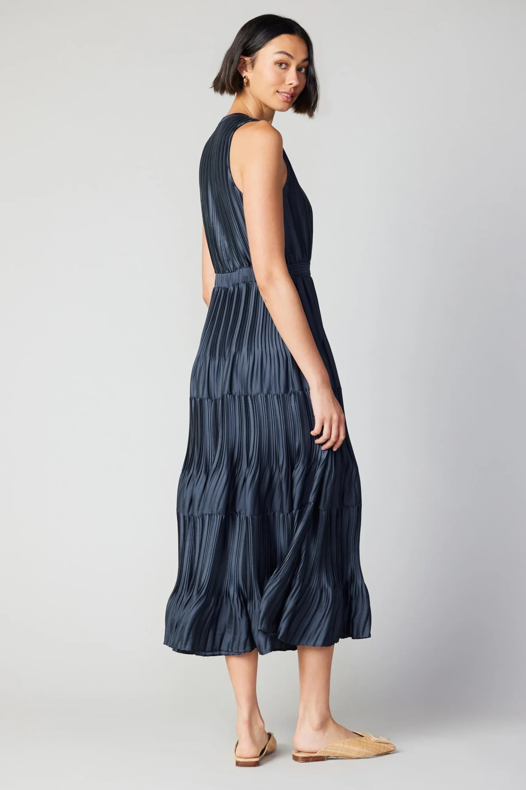 Maxi Dresses-Current Air Pleated Sleeveless Maxi Dress NAVY