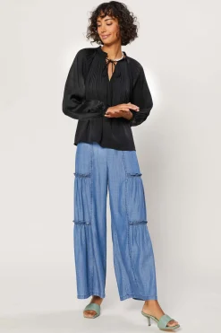 Long Sleeve Tops-Current Air Pleated Split Neck Top BLACK