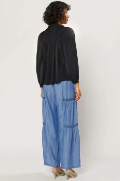 Long Sleeve Tops-Current Air Pleated Split Neck Top BLACK