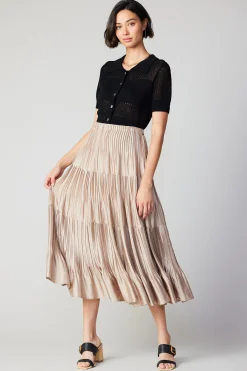 Skirts-Current Air Pleated Tiered Midi Skirt TAUPE