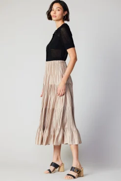 Skirts-Current Air Pleated Tiered Midi Skirt TAUPE