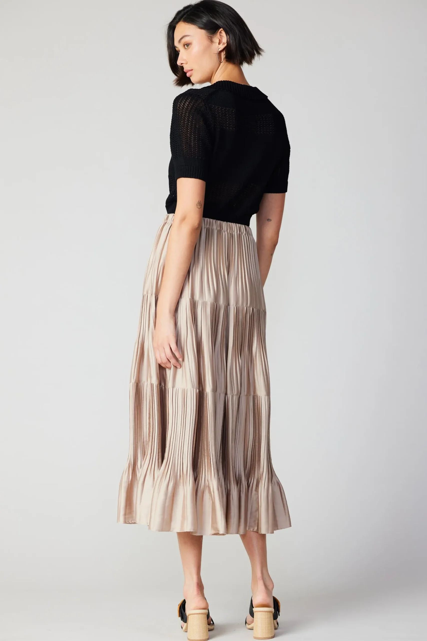 Skirts-Current Air Pleated Tiered Midi Skirt TAUPE