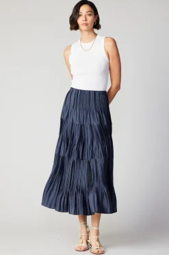 Skirts-Current Air Pleated Tiered Midi Skirt NAVY
