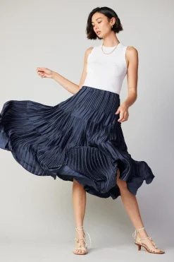 Skirts-Current Air Pleated Tiered Midi Skirt NAVY