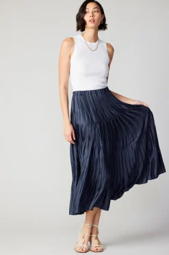 Skirts-Current Air Pleated Tiered Midi Skirt NAVY