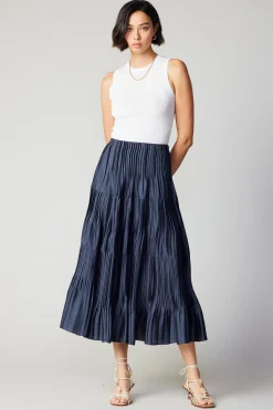 Skirts-Current Air Pleated Tiered Midi Skirt NAVY