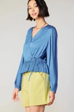 Long Sleeve Tops-Current Air Pleated Wrap Top DUSTYBLUE