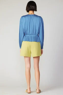 Long Sleeve Tops-Current Air Pleated Wrap Top DUSTYBLUE