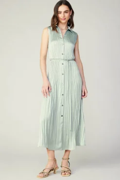 Midi Dresses-Current Air Plisse Buttondown Dress SILVERSAGE