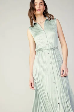 Midi Dresses-Current Air Plisse Buttondown Dress SILVERSAGE