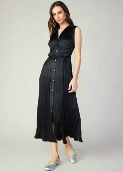 Midi Dresses-Current Air Plisse Buttondown Dress BLACK